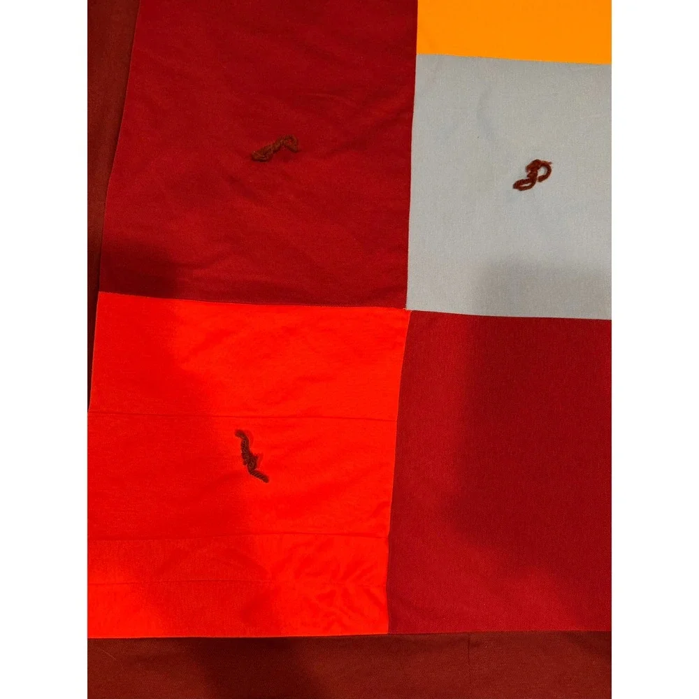 Handmade Patchwork Tied Quilt Orange Burgundy Blue Geometric Block Bedspread